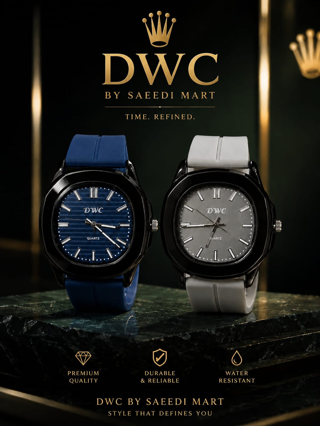 DWC Premium Silicon Watch – Black Metal Dial | Magnetic Buckle | Blue & Grey