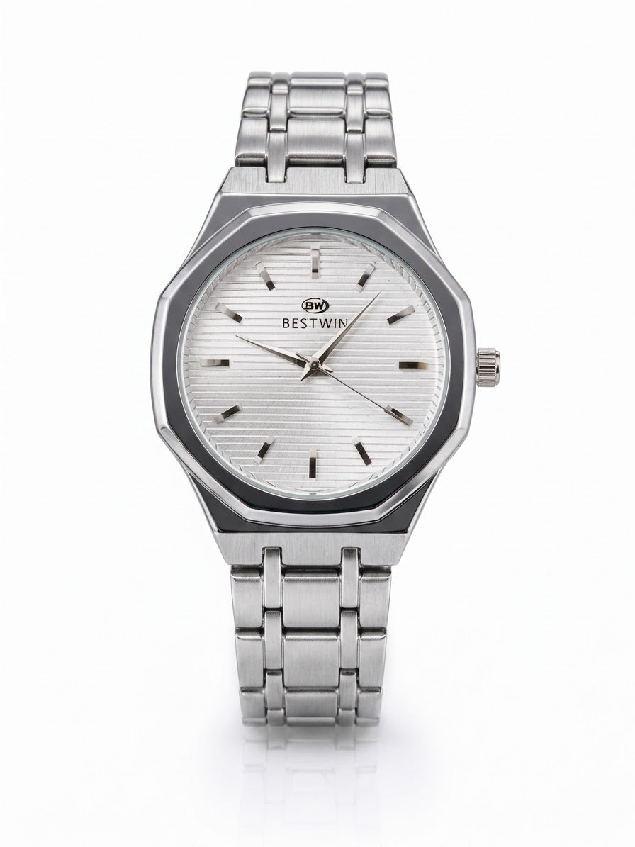 Bestwin Stainless Steel Men’s Watch – Premium Silver Octagonal Dial