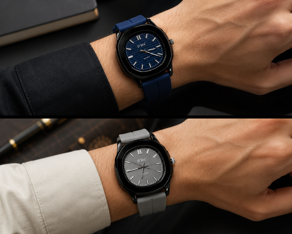 DWC Premium Silicon Watch – Black Metal Dial | Magnetic Buckle | Blue & Grey