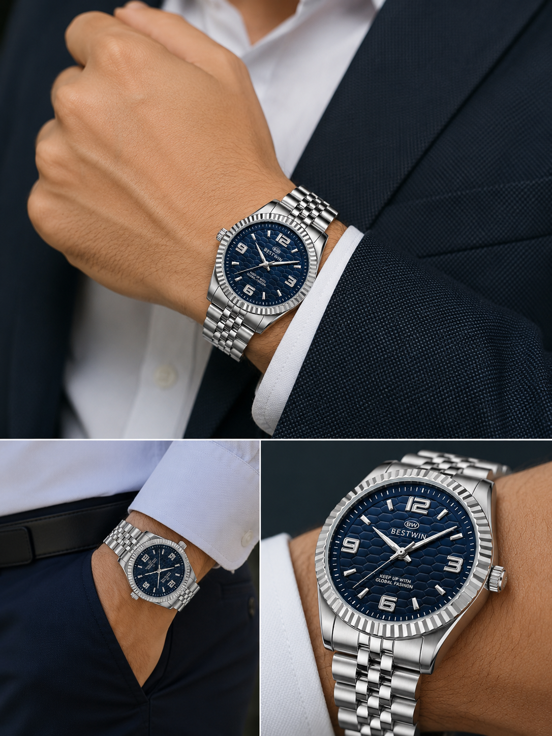 BESTWIN Men's Luxury Blue Dial Stainless Steel Watch