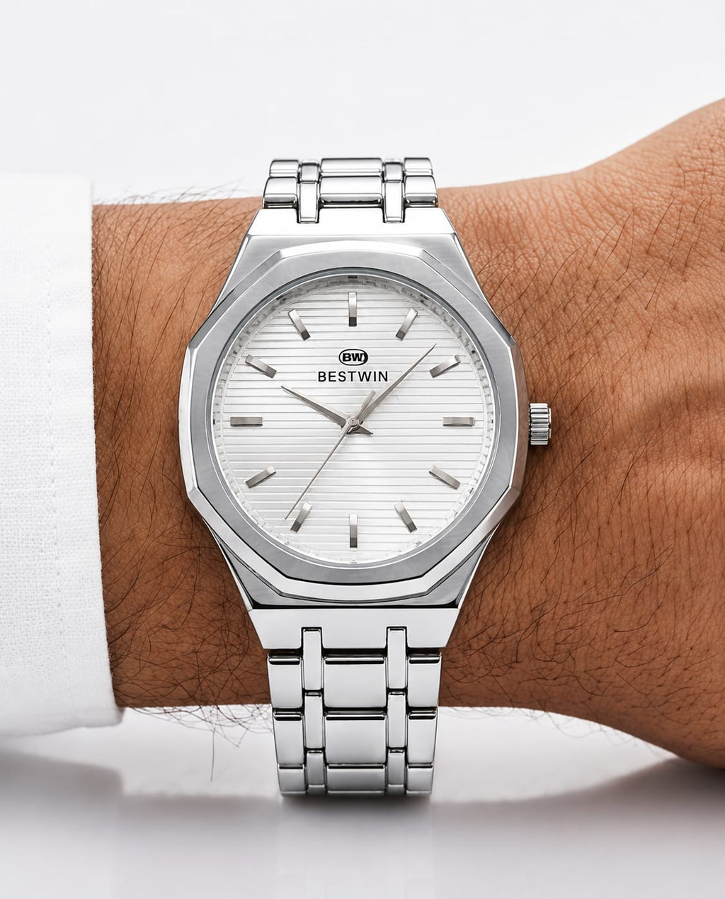 Bestwin Stainless Steel Men’s Watch – Premium Silver Octagonal Dial