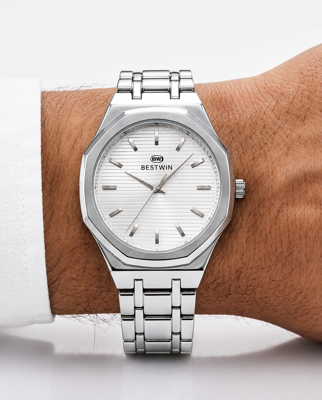 Bestwin Stainless Steel Men’s Watch – Premium Silver Octagonal Dial