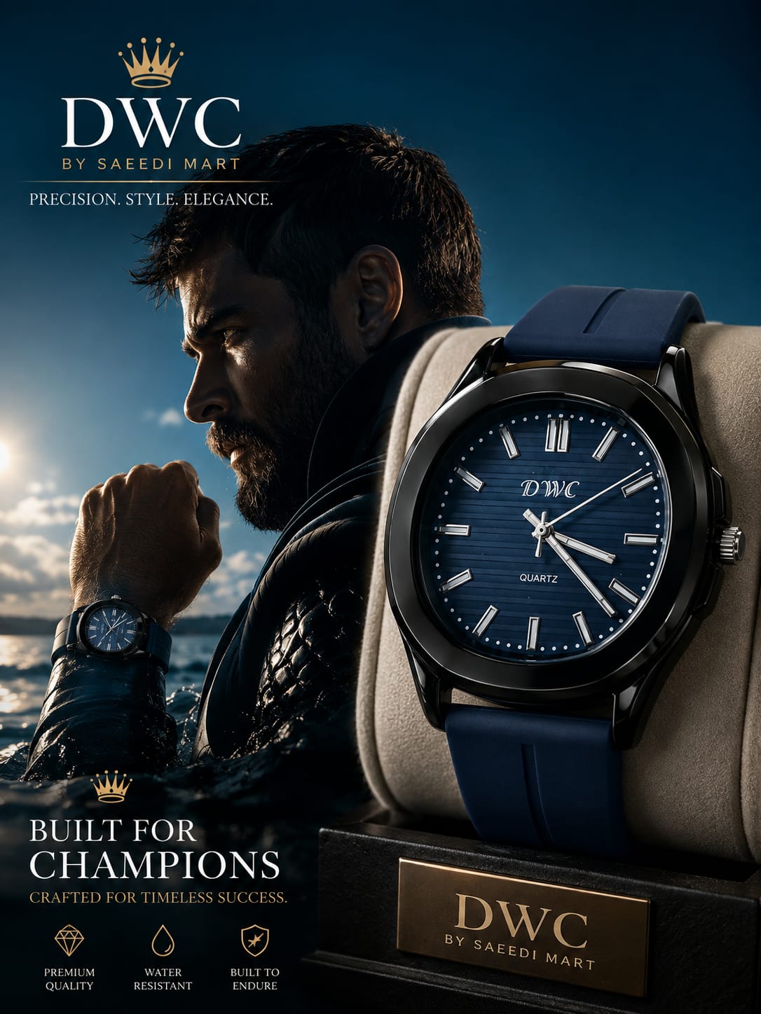 DWC Premium Silicon Watch – Black Metal Dial | Magnetic Buckle | Blue & Grey